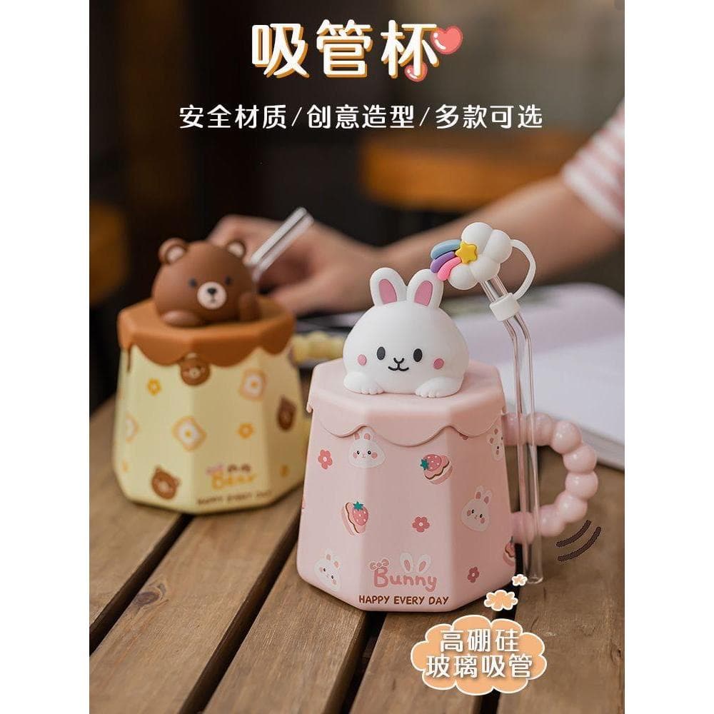 Caneca de cerâmica feminina masculina xícara de café bonito dos desenhos animados copo com tampa colher beber copo de ce
