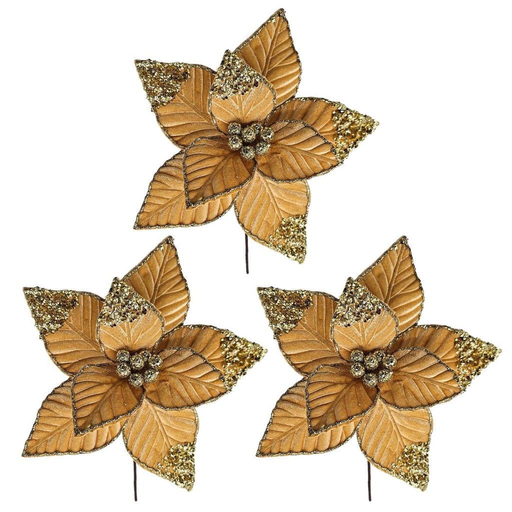 Kit 3 Flores Bico de Papagaio Natalina Veludo Luxo Ouro Velho 30cm Borda Glitter e Lantejoulas Dourado