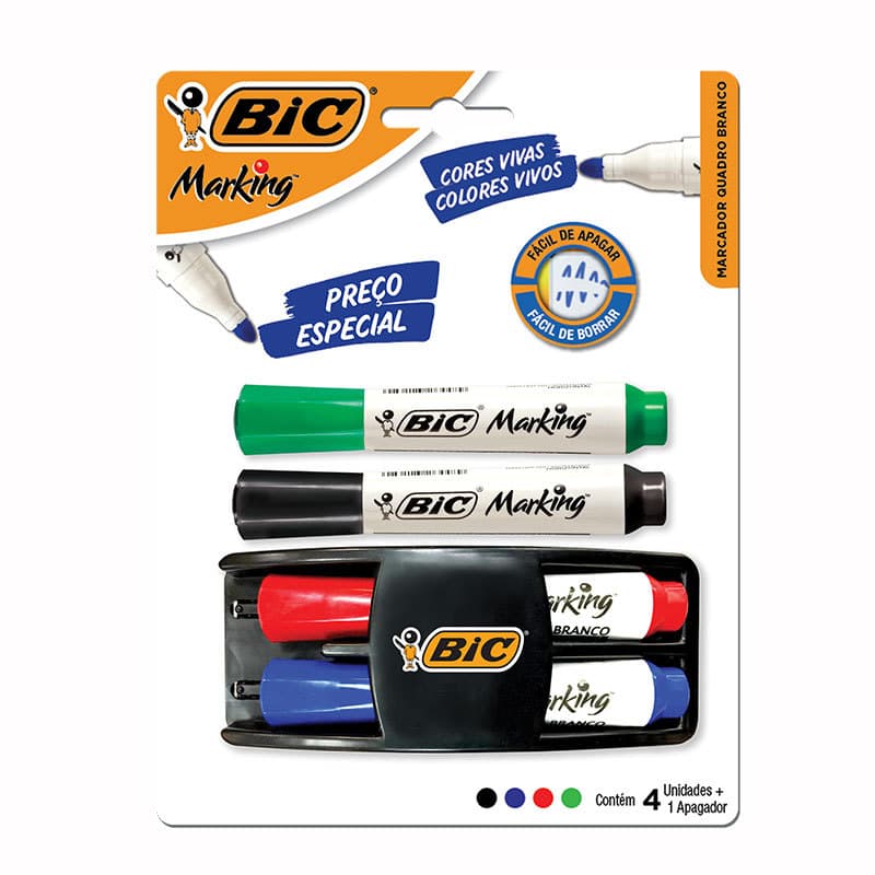 Kit apagador e pincel para quadro branco com 4 cores Bic