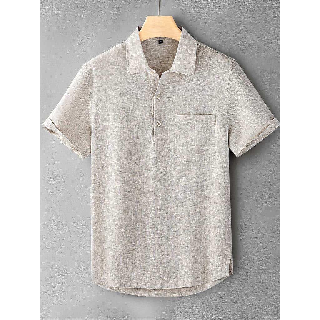 Camisa Polo de linho puro estilo dinheiro antigo masculina lapela camisa de manga curta masculina solta negócios Casual
