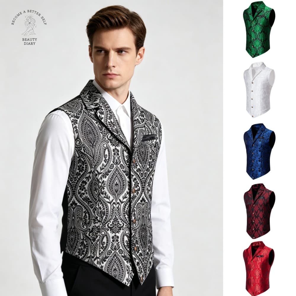 Colete Floral Jacquard Para Homens , Lapela Entalhada , Peito Único , Sem Mangas , Smoking , Roupa De Noite De Cavalheir