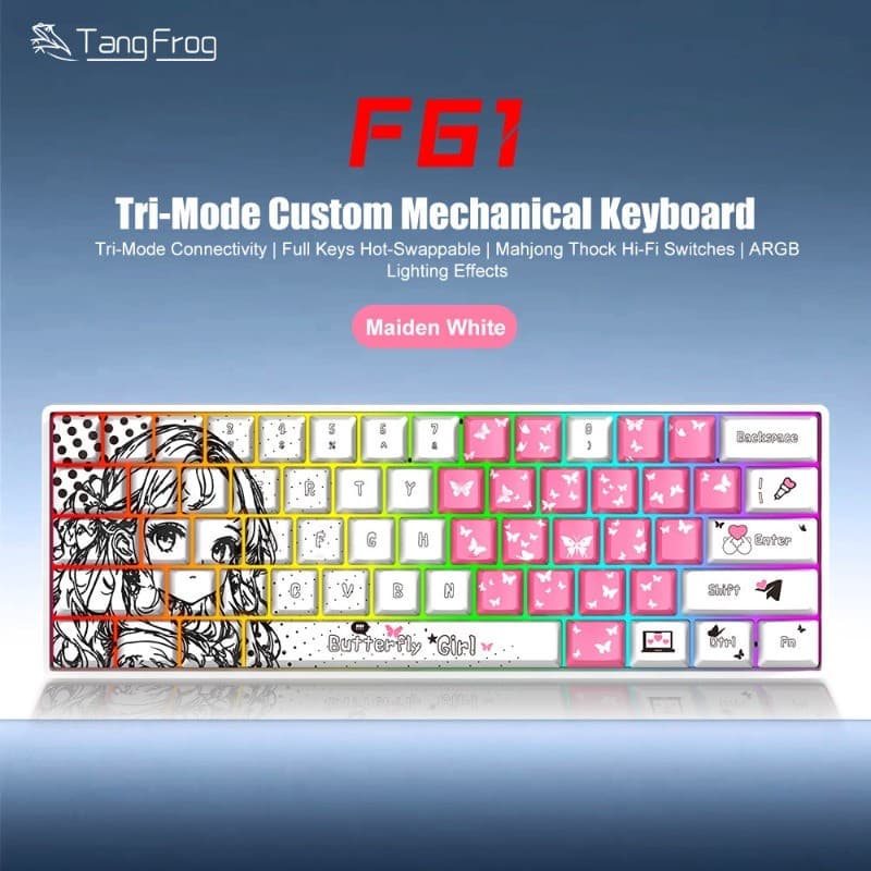 TangFrog F61 61 Teclas 60 % Teclado Mecânico Para Jogos Tri-Mode Bluetooth 2.4G Sem Fio Com Hot-Swap ARGB RGB Backlight