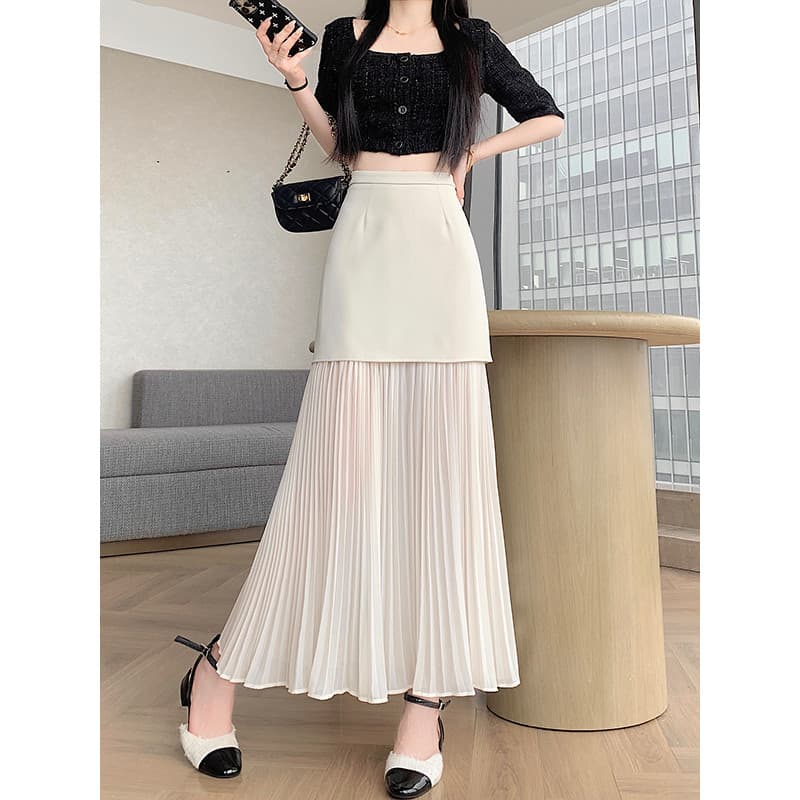 Chiffon saia plissada costura terno saia feminina verão 2026 novo estilo elegante alto mais magro olhar A linha saia lon