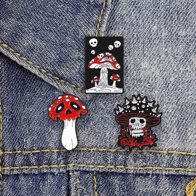 Pino Esmaltado De Caveira De Cogumelo Gótico Estilo Horror Escuro Broche Alfinete De Lapela Para Decoração De Mochila De