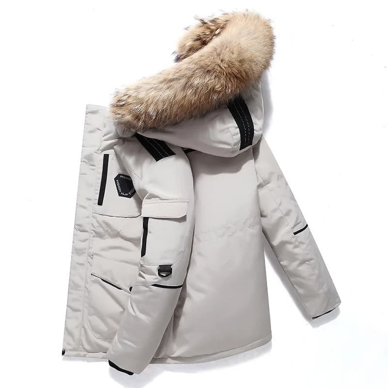 Jaqueta masculina de inverno com pato branco quente-30 graus à prova de vento com capuz engrossado jaqueta com vários bo