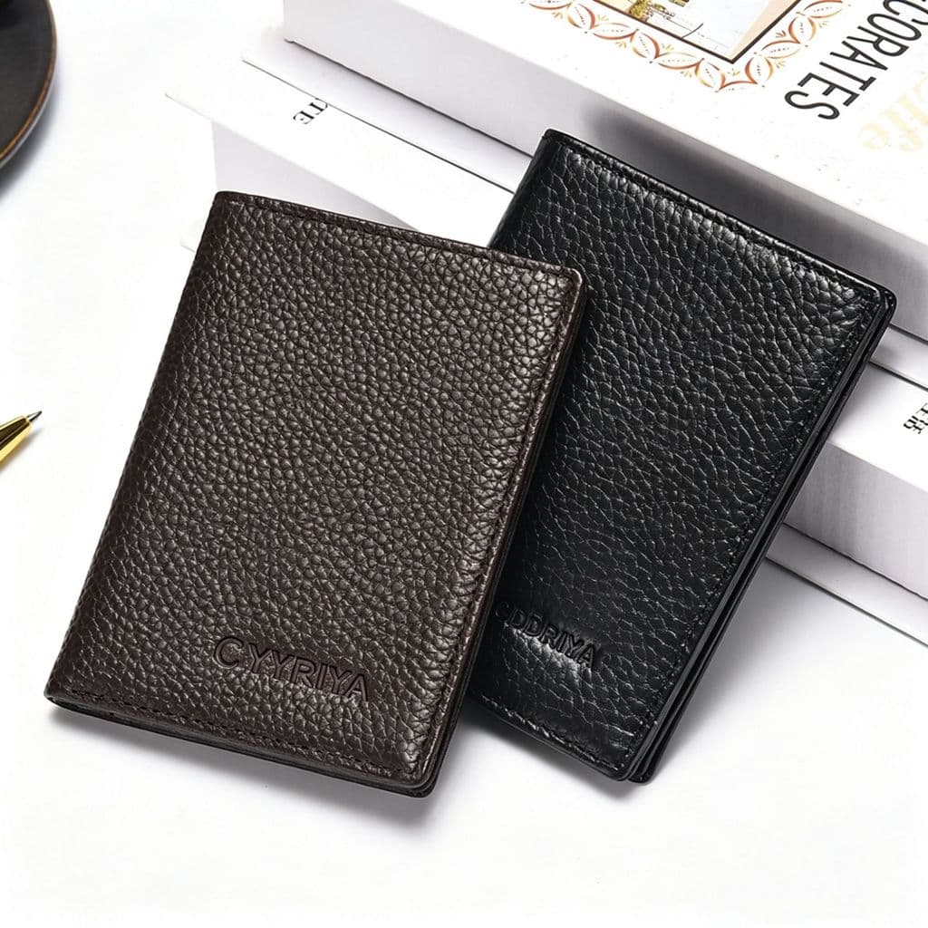 Porta-cartões ultrafino masculino de couro genuíno Mini carteira pequena tudo-em-um Slot para vários cartões Porta-cartõ