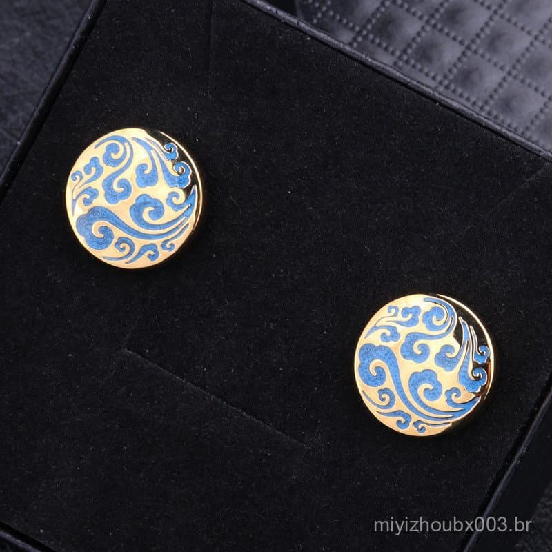 Abotoaduras de camisa francesas com padrão de porcelana azul e branca, botões de camisa, abotoaduras de punho para terno