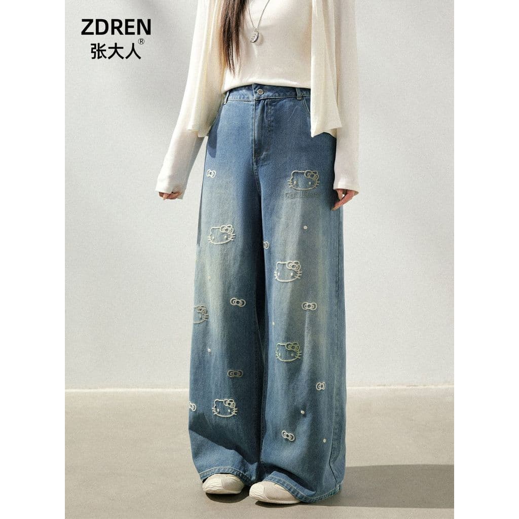 Novo estilo adulto Zhang Plus Size roupas femininas ligeiramente gorda irmã mm cintura alta lavado Retro bonito olá Kitt