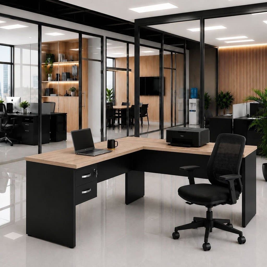 Mesa de Escritório em L 160x60cm com 2 Gavetas + Cadeira de Escritório Ergonômica Reclinável