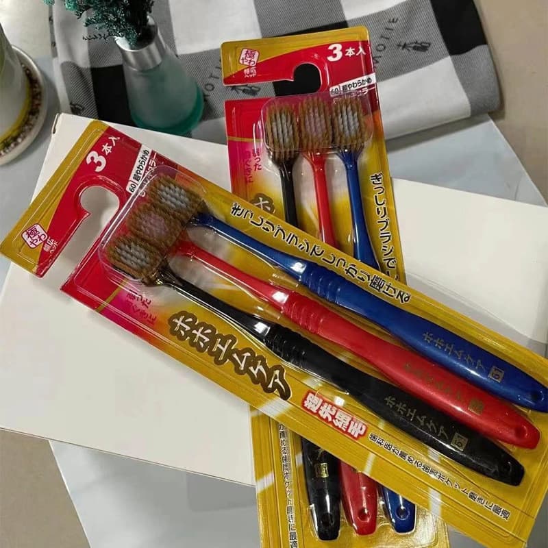 Escova de dentes macia de exportação estilo japonês, três peças, cabeça larga, escova de dentes para adultos
