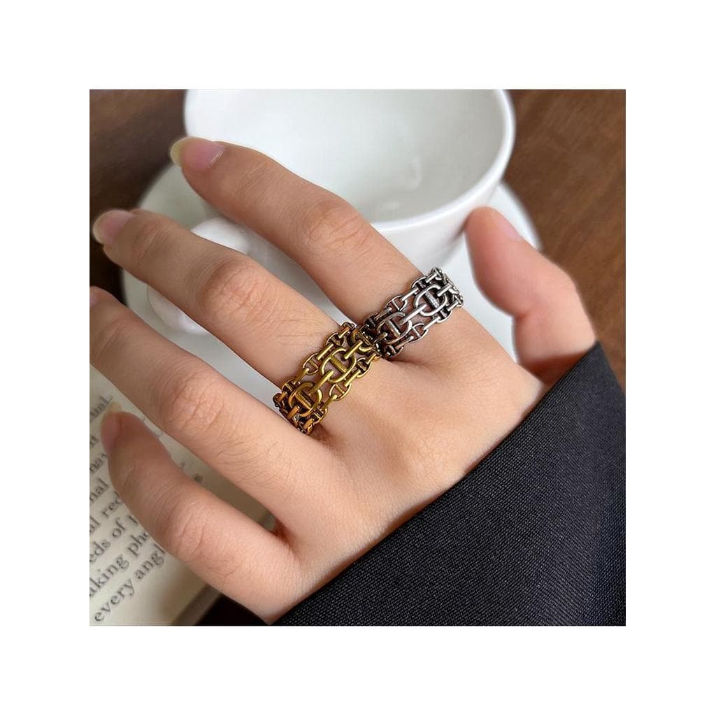 Anel de nariz de porco de três círculos feminino 925 anel aberto nicho Design oco joias de ouro antigo não desbota