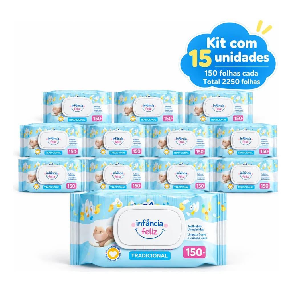 Kit 15 Lenços Umedecidos Infância Feliz 150 Folhas Com Tampa