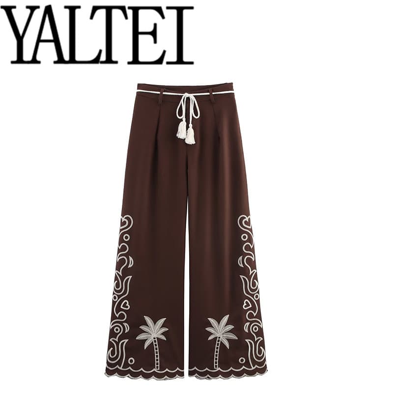 ZAR Primavera Novo Estilo Feminino Estilo Europeu Americano Design de Moda Francesa com Cinto Calças Bordadas de Coqueir