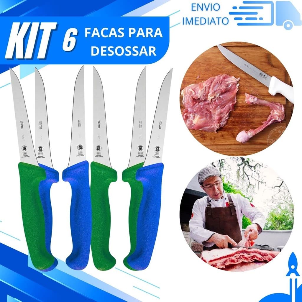 Kit 6,3 ou 2 Facas de Desossa Para Açougue e Churrasco Profissional Inox Cabo Azul e Verde Antiderrapante