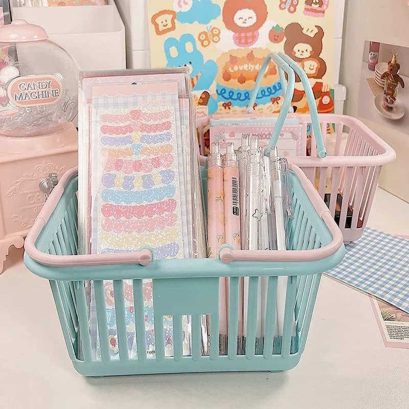 Kits de Mini Cesta de Armazenamento com Alça - Pequeno Organizador de Mesa Plástico Cores