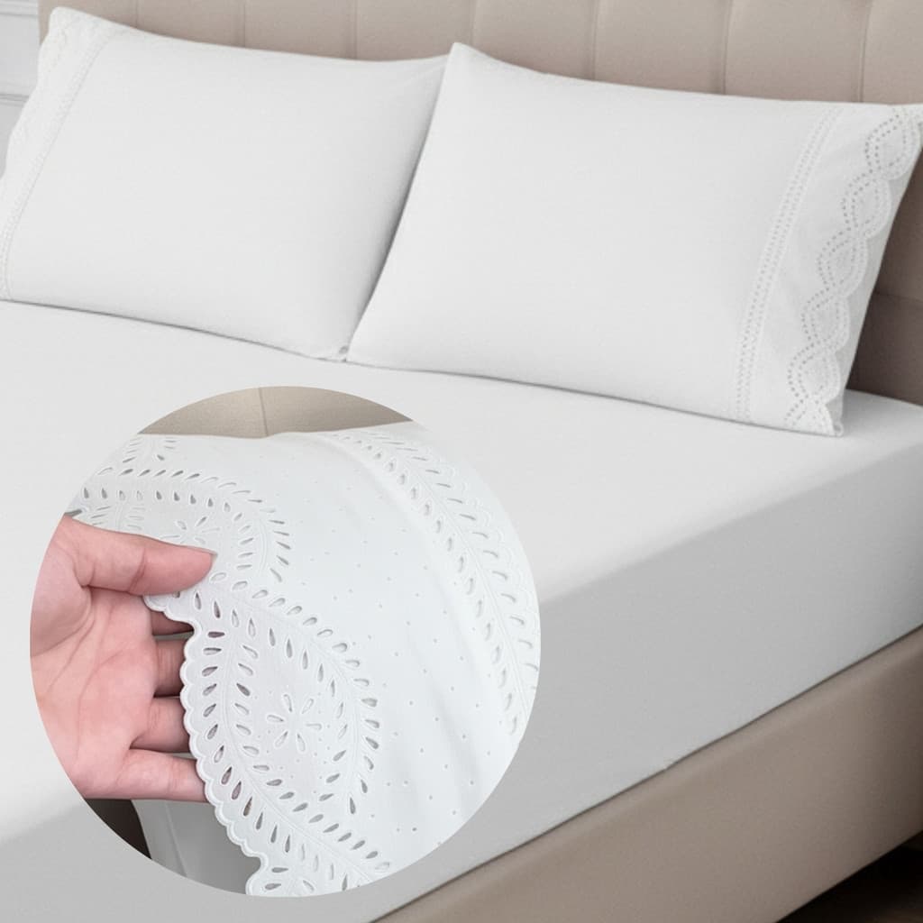 Jogo de Cama Lençol King Size 3 Peças Bordado Inglês 400 Fios Lese