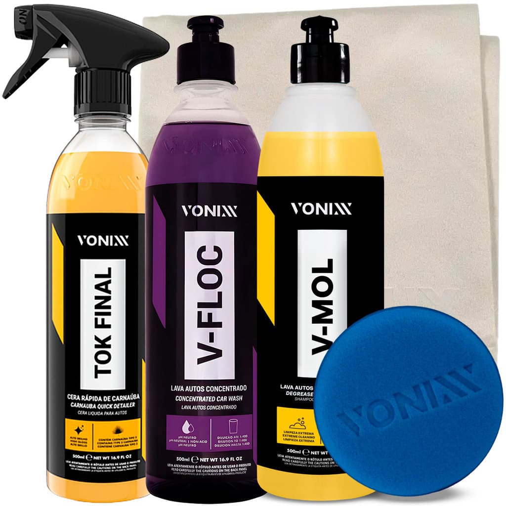 Cera Líquida Carnaúba Spray Tok Final + Shampoo Automotivo Vonixx V-Mol 500ml + Shampoo V-Floc + Pano Microfibra Razux