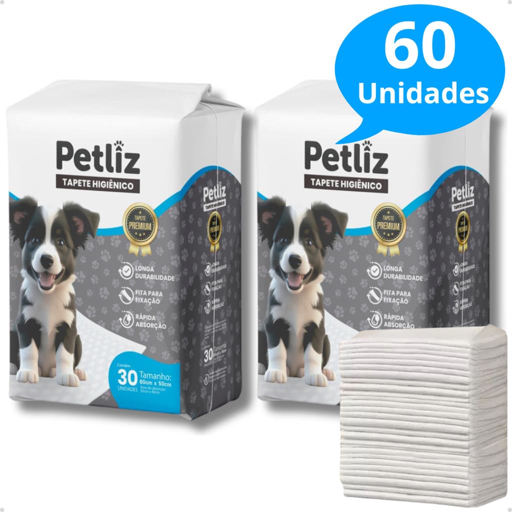 Kit 2 Tapete Higiênico Alta Absorção para Cachorro 60 x 50 cm - 30 unidades - Petliz