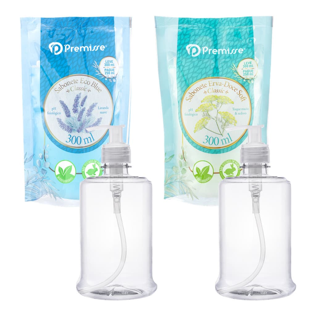 2 Kits Frasco Pump 500ml + Sabonete Refil 300ml Erva-Doce ou Eco Blue - Premisse