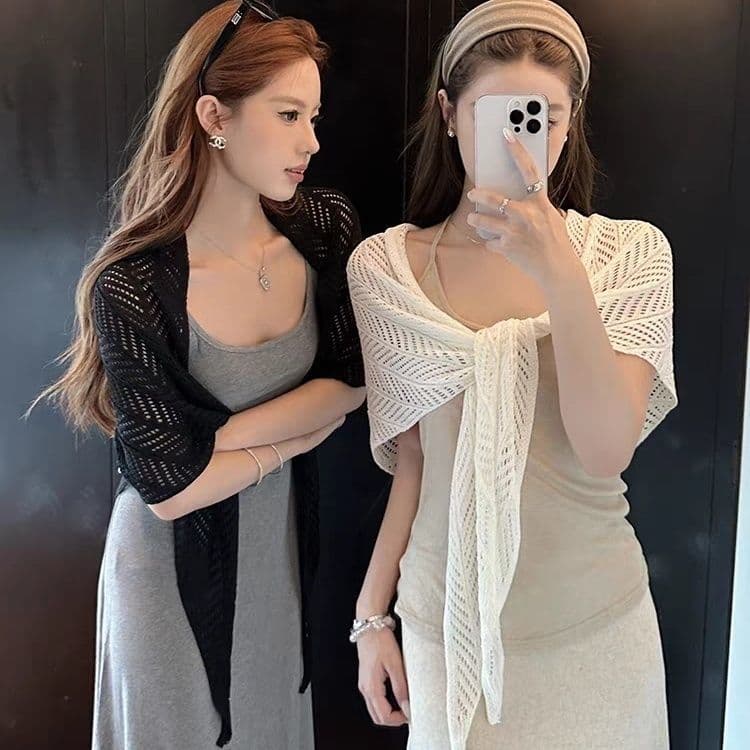 Estilo minimalista Cardigan de seda gelo oco triângulo cachecol feminino verão fino xale blusa protetor solar ar condici