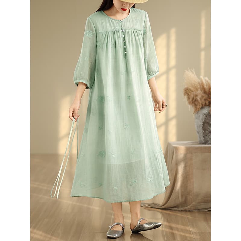Zimo Qinghe ~ Vestido Ramie bordado literário feminino de manga curta algodão linho estilo fada grande balanço estilo fé