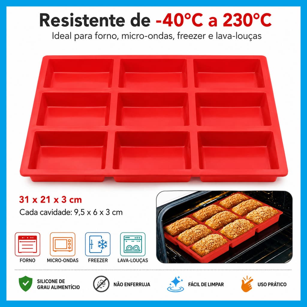 Forma Silicone Vermelha 9 Divisórias para Mini Bolo Pão Pudim Brownie Forno Micro-ondas