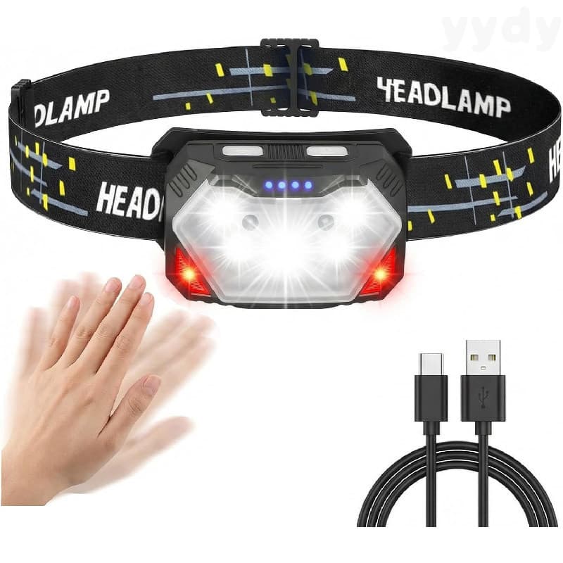 Lanterna de Cabeça Recarregável, Super Brilhante com 9 LEDs, Controle por Sensor e 8 Modos de Iluminação, À Prova d'Água