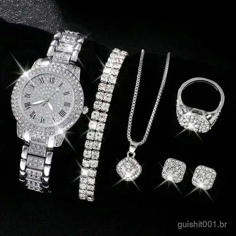 Novo Relógio 6pcs/Set Feminino De Luxo Rhinestone Analógico De Quartzo De Pulso De Aço Inoxidável & Conjunto De Jóias Pr