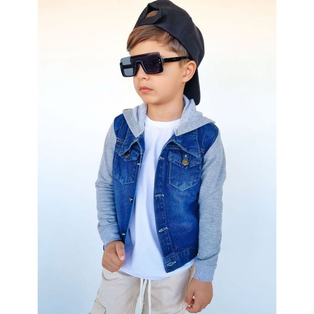 Jaqueta infantil juvenil masculina jeans com manga e capuz em moletom Promoção
