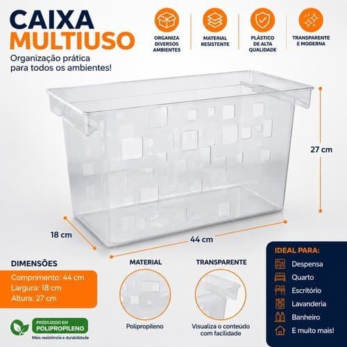Caixa Multiuso Organizadora Retangular 21L Transparente Brinquedos Roupas acessórios e Muito Mais
