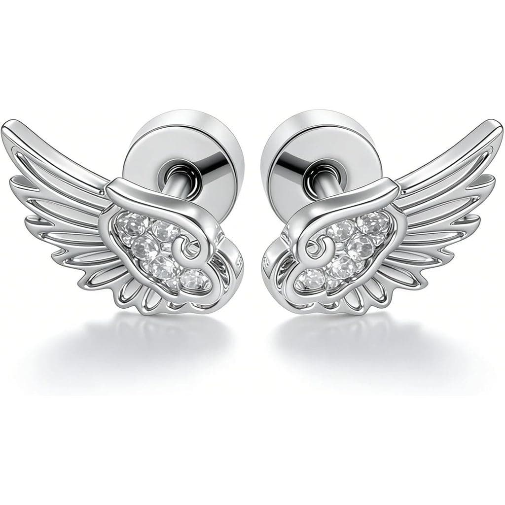 Brincos de Asa de Anjo para Mulheres, Brincos de Cartilagem com Base Plana, Zircônia, Cristal, Aço Inoxidável, Joia para