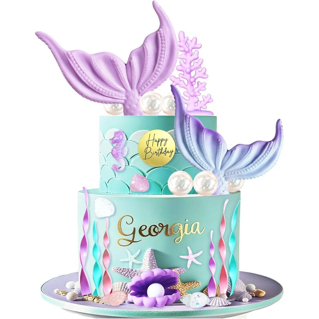 Topper de Bolo Sereia, Decorações de Bolo Cauda de Sereia Fundo do Mar com Concha, Estrela-do-mar e Coral para Festa de