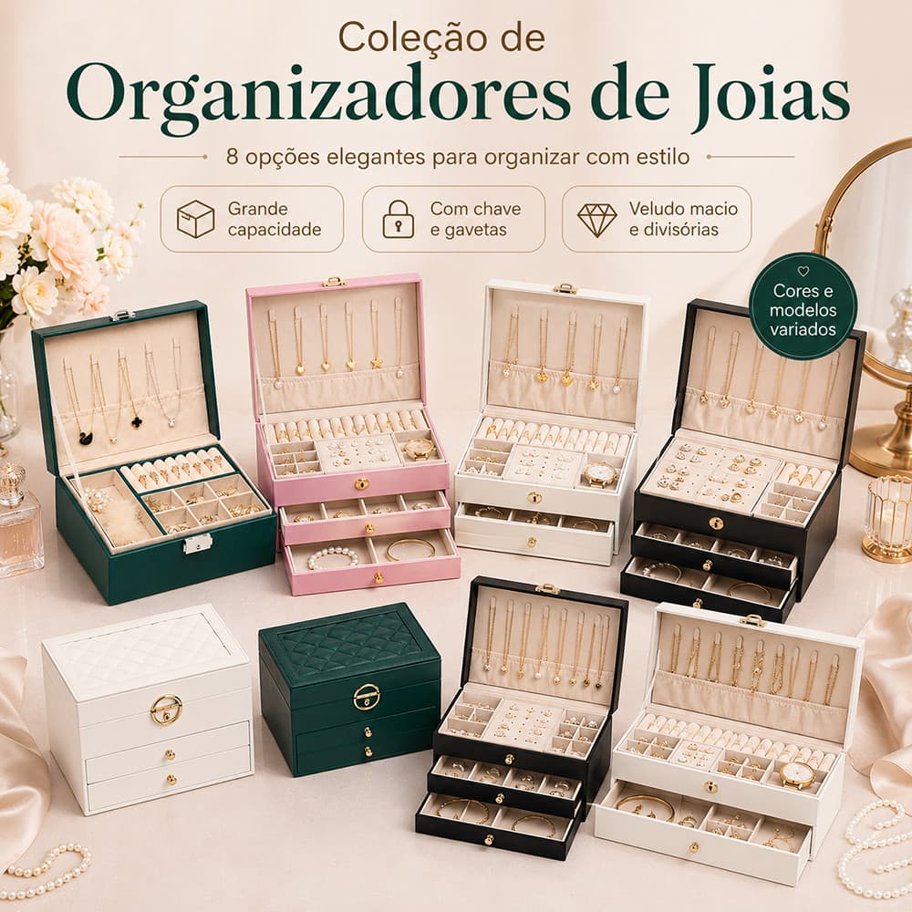 Porta Joias Feminino com Chave 3 Camadas Organizador de Bijuterias Couro PU Anéis Brincos Colares
