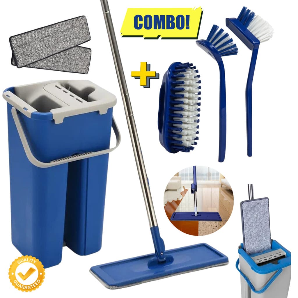Mop Giratório Limpeza FLAT Balde 5L Limpa Seca Pisos Banheiro + KIT 3 Escovas Multiuso Faxina Chão