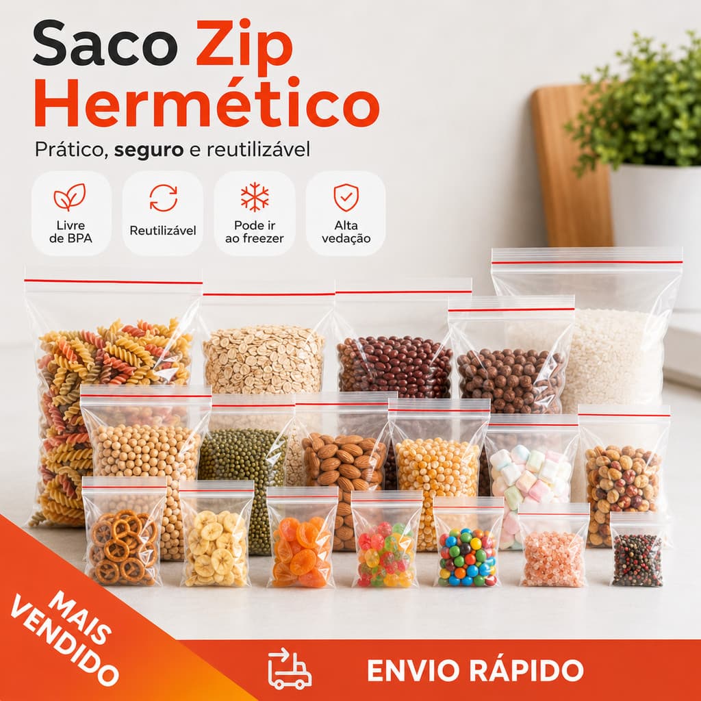 Saco Zip Hermético Abre e Fecha 100 Unidades Plástico Grosso Livre de BPA Vários Tamanhos
