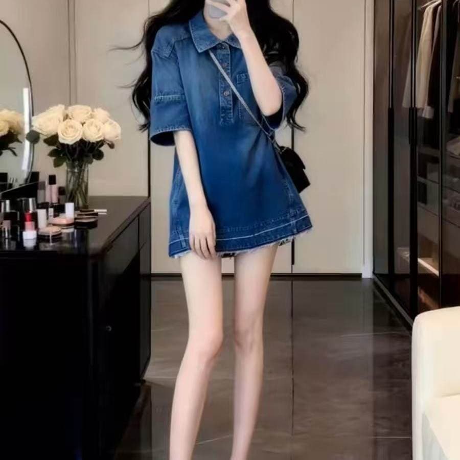 Cor gradiente vestido jeans de manga curta feminino pequeno verão desgastado franja cor-bloqueando lapela camisa saia cu