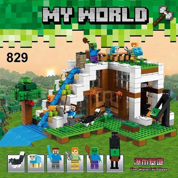 1000 Peças Blocos de Montar Meu Mundo - Base Cachoeira e Caverna, Brinquedo Educativo, Presente para Crianças