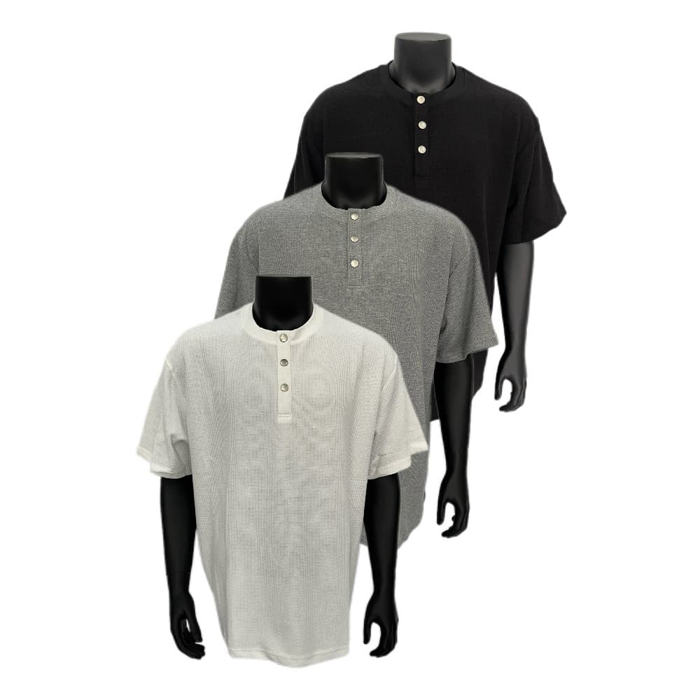 American Waffle Button Henry Collar Camiseta de manga curta masculina verão solta Casual cleanfit camiseta Top