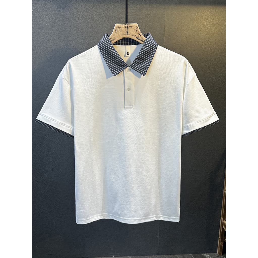 Branco falso de duas peças costura de manga curta camiseta masculina verão High-End adolescente camisa POLO lapela meia