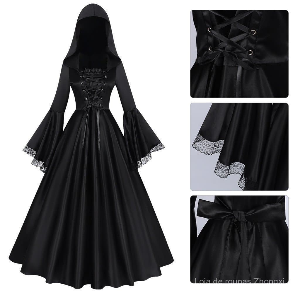 Vestido de Dança de Bruxa Gótica Medieval Renascentista Preto com Capuz e Saia Longa, Tamanho Plus, Europa América IWBX