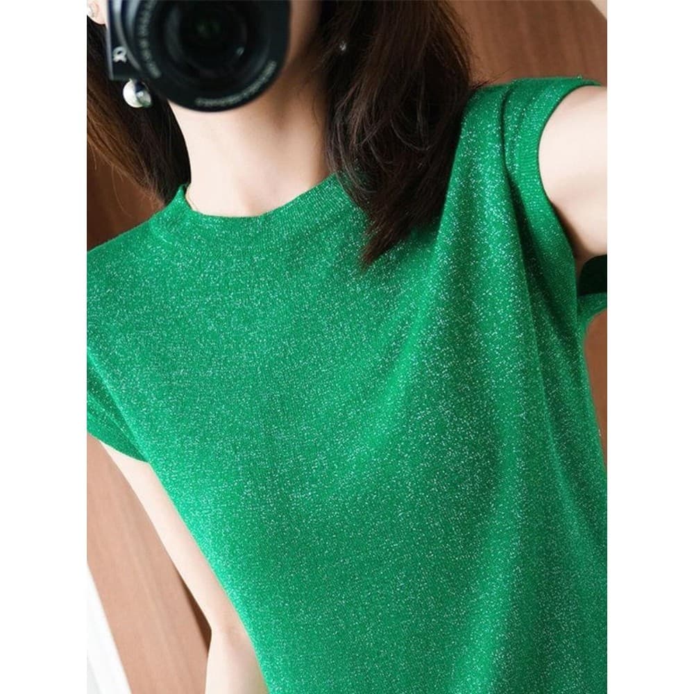 2025 verão novo estilo de seda gelo de manga curta feminina piscando camiseta de seda brilhante em torno do pescoço cami