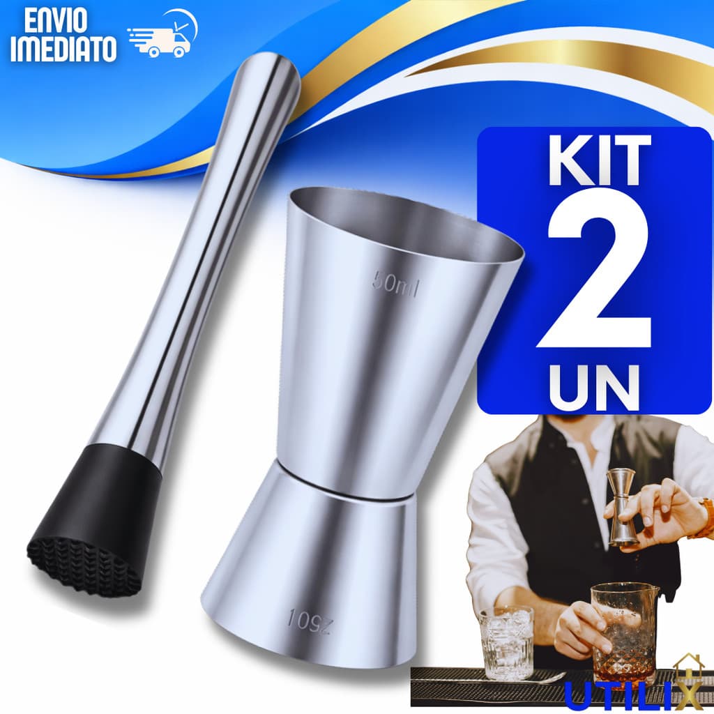 Kit Bar: Socador de Caipirinha + Dosador Duplo Inox Bares Restaurante Drink Bebidas