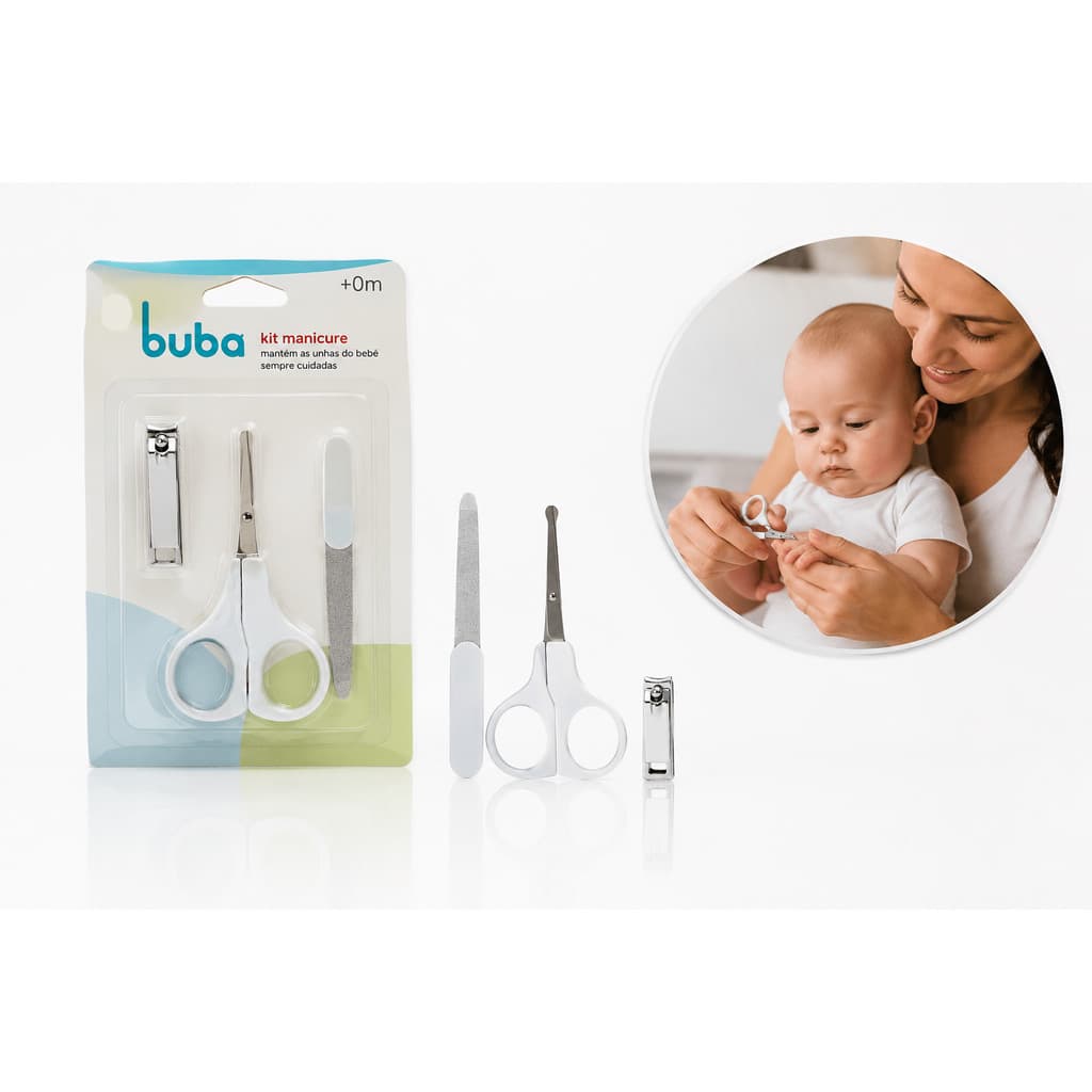 Kit Manicure Bebê Buba Tesoura Cortador Lixa de Unha Seguro 3 Itens Cuidado com RN