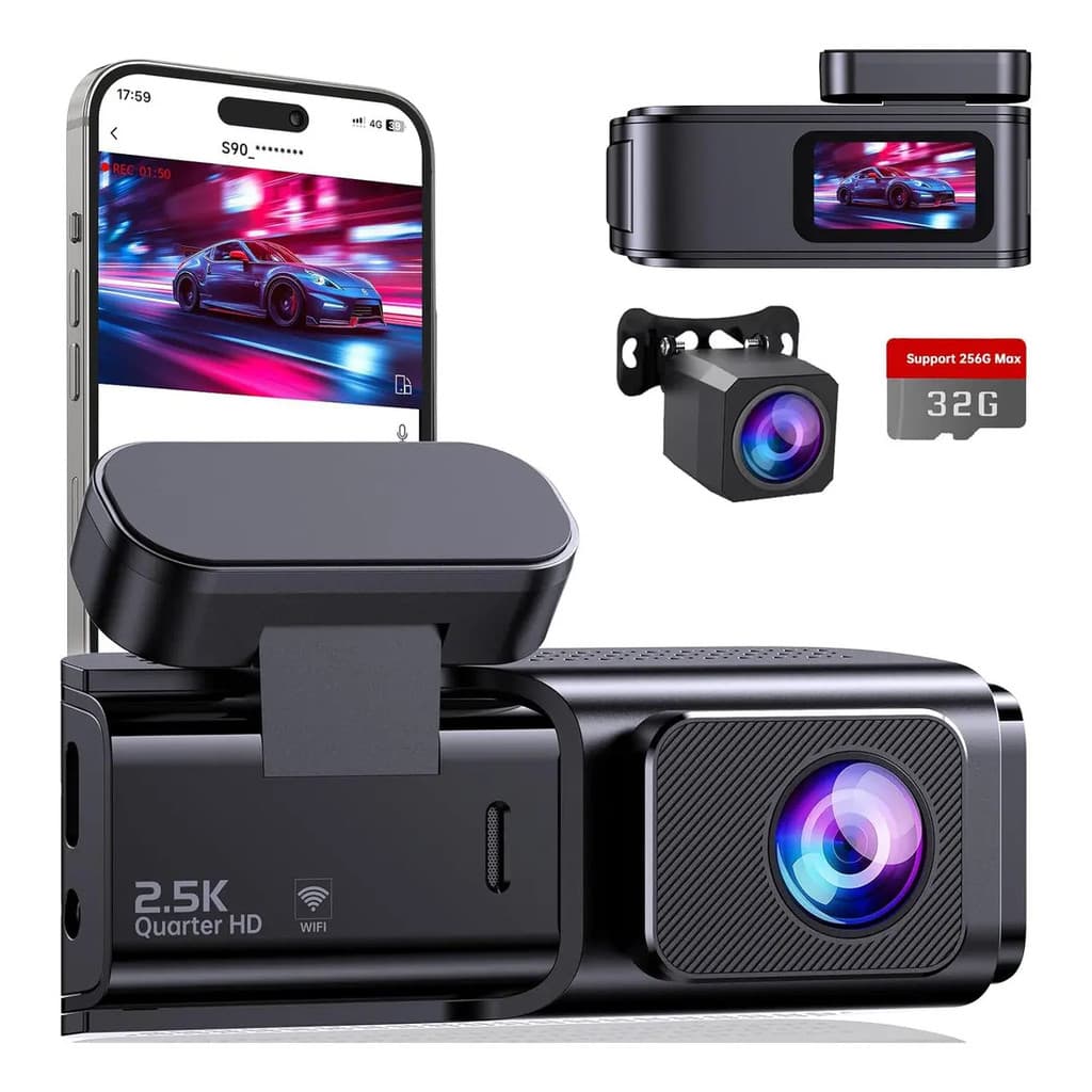 Câmera Veicular Olafvi S90 2 Channel 2.5k+1080p Com 32gb Sd Com Wifi 5g Com G-sensor App Visão Noturna Monitor