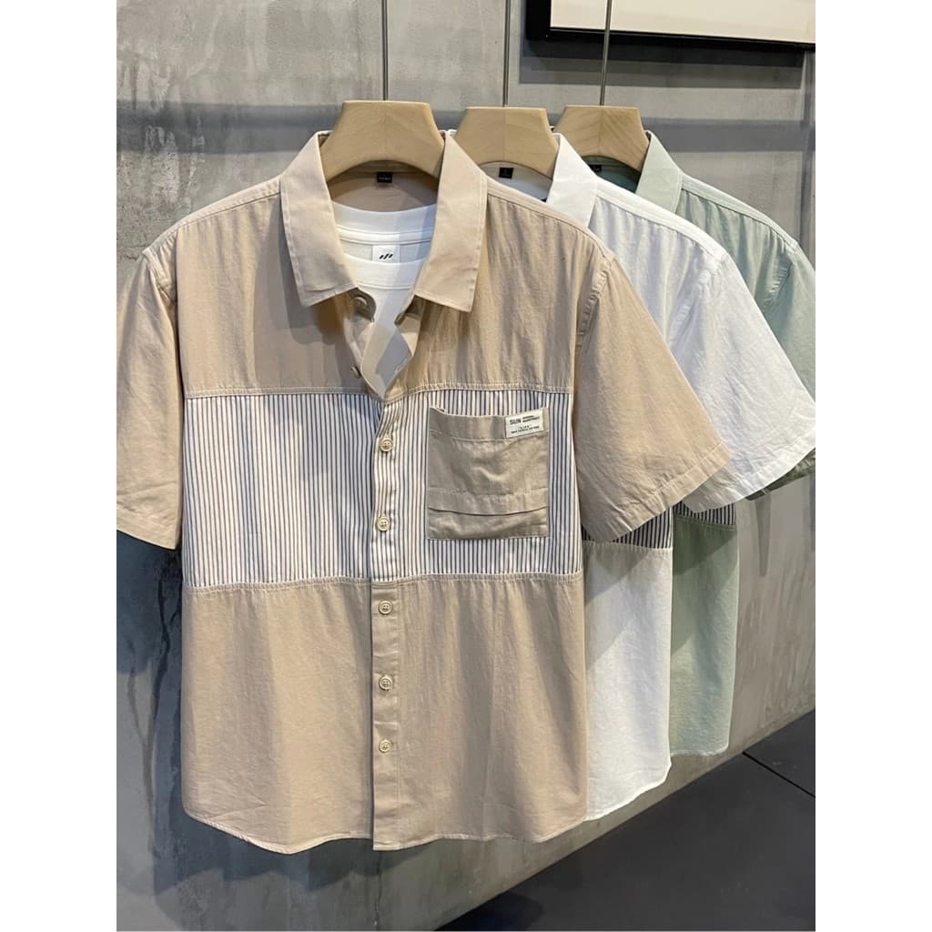 Costura listrada camisa de manga curta 2024 novo estilo rufião bonito casual fino-ajuste masculino verão simples casual