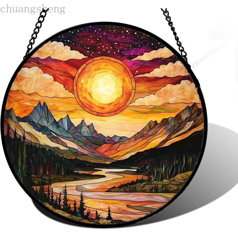DASTOLL Painel de Vidro Manchado para Pendurar na Janela, Decoração de Vidro com Paisagem de Pôr do Sol, Lagos e Montanh