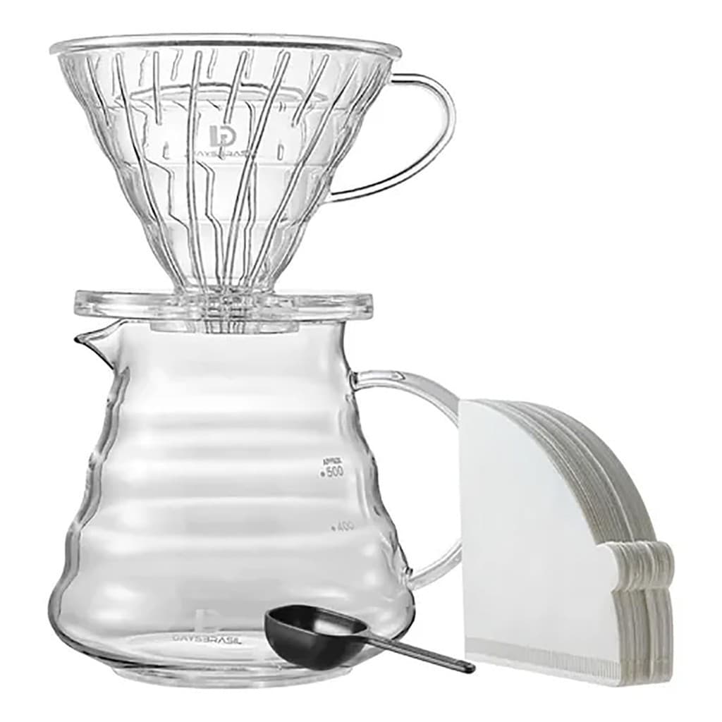 Kit Café V60 DaysBrasil Jarra de Vidro 500ml Suporte Acrílico 40 Filtros e Scoop Dosador