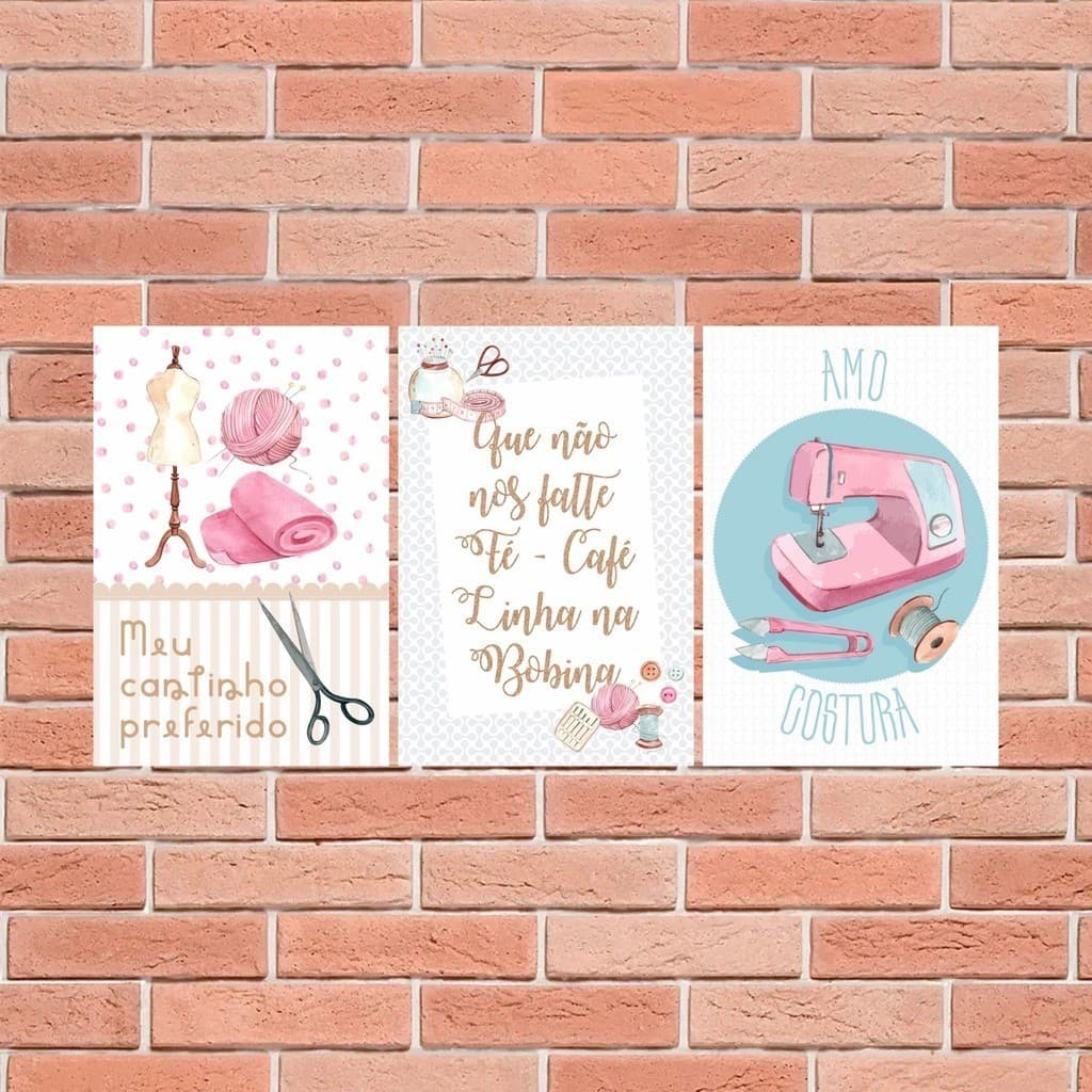 kit quadro decorativo 3 peças 20x30 costureira máquina costura linha tesoura decoração para ateliê confecção