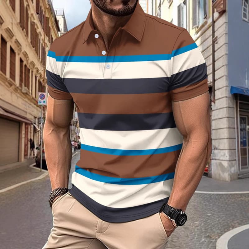 Nova camisa POLO Casual masculina com decote em V botão listras All-Match camiseta topo