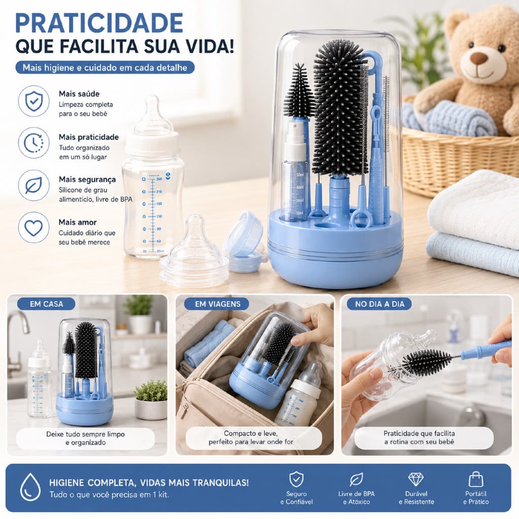 Kit Escova de Limpeza para Mamadeira 6 em 1 Silicone Escova de Bico Canudo Frasco 50ml Organizador Portátil Azul